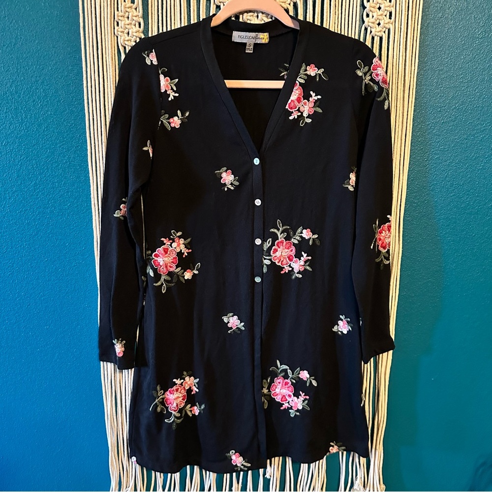 Fig & Flower | Anthropologie Black Floral Embroidered Knit Cardigan